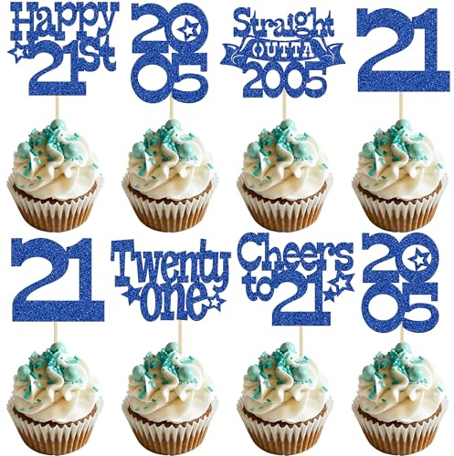 Ephlyn 30Pcs Happy 21st Birthday Cupcake Toppers Glitter Twenty-One Straight Outta 2005 Cupcake Picks Cheers to 21 Years Cake Decorations for 21st Birthday Anniversary Party Supplies Blue