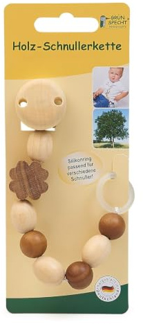 GRÜNSPECHT Schnullerband mit Holzelementen, für Jungen & Mädchen, handgemacht, beige/braun, mit Clip & Silikonring (595-V4)