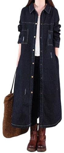Cappotto spolverino da donna, giacca in denim taglie forti, stile vintage, collo a tacca, vestibilità ampia, nero, taglia grande