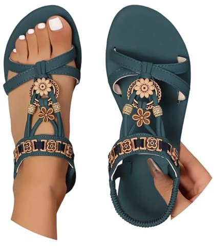 Générique Sandale Orthopédique Femme Été Bohême Chaussures Élégantes Bout Ouvert Élastique Sangle Strass Sandales Confortables Léger Avec Support Plates Orthopédiques Chaussures
