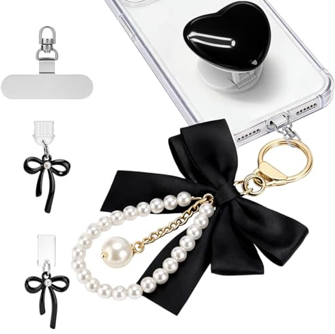 Aribliseza Porte-téléphone Perlé, Lanière Courte pour Téléphone, Charm Miroitant avec Prise en Cœur & Chaîne à Nœud, Accessoire pour Kindle