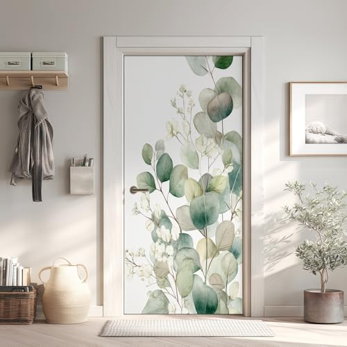 Grün Blatt Türtapete Türposter Türfolie Selbstklebend PVC, Eukalyptus Türaufkleber Abnehmbar Wasserdicht, Botanische Fototapete für Tür Wohnzimmer Kinderzimmer 80x200 cm