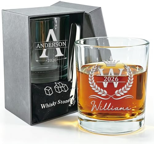 Ruilidesg Juego de vasos de whisky con grabado personalizado – Vasos de whisky personalizados con caja de regalo para bourbon, whisky escocés, tequila, armañac, ron y cerveza
