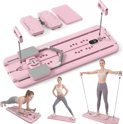 MaxU Pilates Board Reformer, vikbar pilatesbräda med skidmodul, 3-stegs motståndsband, räknare för kalorier/tid/repetitioner, 450 pund lastkraft, mobiltelefonhållare, hemträning