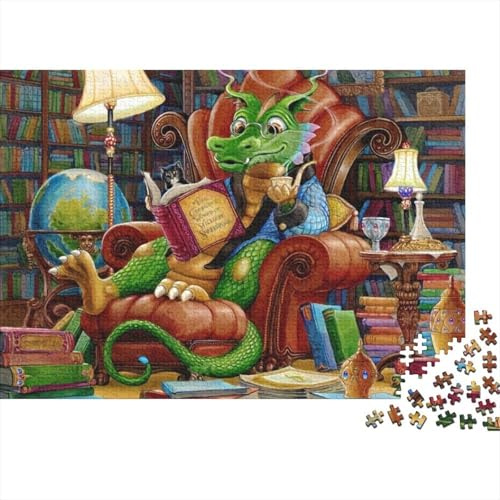 Drache Figur Bibliothek Lesen 1000 Teile Puzzle Papier für Erwachsene Wissensspiel Familiendekor Freizeit Entspannung 70x50cm/1000pcs