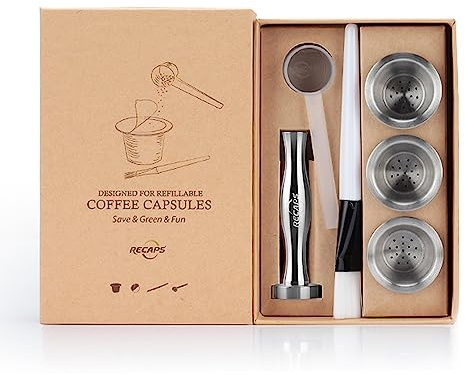 RECAPS Stainless Steel Refillable Filters Reusable Pods Compatible with Nespresso Original Line Machine BUT NOT All (3 Pods+120 Lids+1 Tamper)