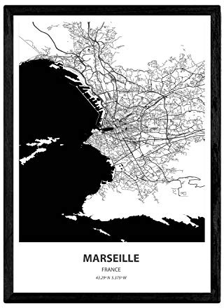 Nacnic Poster con la Mappa Marselle - Francia. Fogli Città in Francia con Mari e fiumi, in Colore Nero. Formato A3