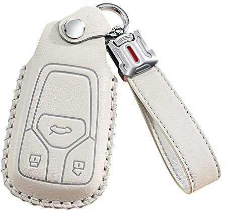 HIBEYO For Audi Key Fob Cover Premium Leather Full Protection Key Fob Case for Audi A4 A5 Q7 Q5 TT TTS S4 S5 RS4 RS5 Keyless Entry 3 Button Car Key Smart Keychain (White)