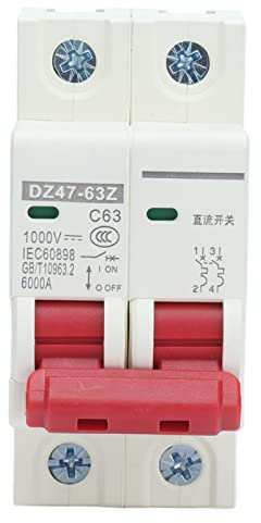 Disyuntor DC,1000V 63A,Interruptor de Circuito Fotovoltaico de 2P,Interruptor Automático Magnetotérmico,para Sistema de Energía Solar ySistema de Comunicación,Montaje en Carril DIN de 35mm