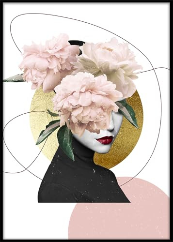 STYLER Gerahmtes Bild Peony Girl 50 x 70 cm I Artbox I Frau rosa gold abstrakt feminin modern Blumen rote Lippen I Wandbild Wohnzimmer Schlafzimmer I Wanddeko Home Kunstdruck I Bild mit Rahmen