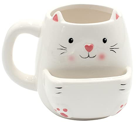 Dekohelden24 Kaffeebecher Kaffeetasse mit Keksfach aus Keramik - Motiv: Katze - Größe: ca. H/Ø: 10 x 7 cm/Fassungsvermögen: 300ml