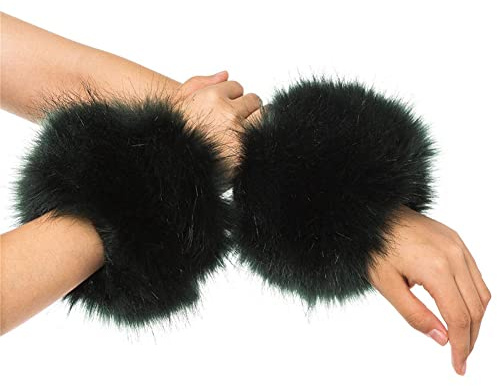 Asudaro Damen Fell Manschette Stulpen Pulswärmer Faux Pelz Armstulpen Faux Fur Wrist Band Ring Cuffs Wärmer Winter Warme Wrist Band Cuffs Wärmer Handschuh Manschetten für Frauen Dunkelgrün