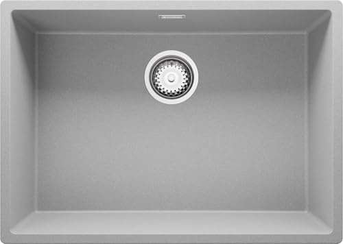 PRIMAGRAN Fregadero bajo Encimera al Mueble 70cm + Kit de desagüe, 66x47cm | Set: Kit de desagüe (sifón, válvula, rebosadero) + London 1 Seno para Cocina, Gris