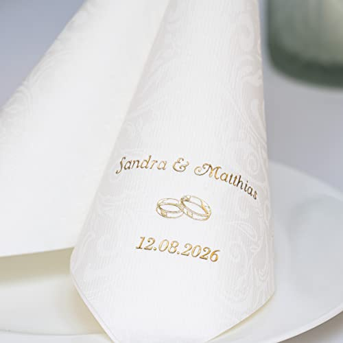 Personalisierte Hochzeitsservietten aus hochwertigem Premium-Line Material - STOFFÄHNLICH | mit exklusivem Prägedruck | VIPDEKO | Größe: 40 x 40 cm | ¼ Falz | Farbe: weiß. Für die Hochzeitstafel (30)