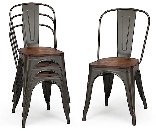 GIANTEX 4er Set Esszimmerstühle stapelbar, Küchenstühle Essstühle mit Rückenlehne, Wohnzimmerstühle Retro, Stühle Holzstuhl Stahlgestell & Massiv Ulmenholz, bis 150kg belastbar (Braun)