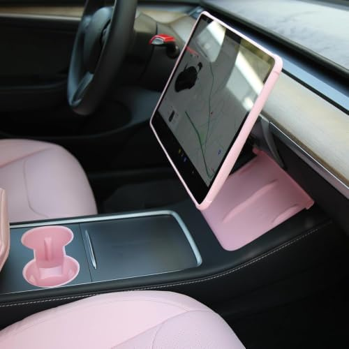 TOPABYTE Lot de 3 Accessoires de Console Centrale pour Tesla 2021-2023 Model 3 et 2021-2024 Model Y Porte-gobelets, Cadre de Protection D'écran, Tapis de Chargeur sans Fil, Rose