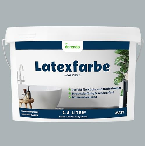 derendo Latexfarbe grau betongrau matt abwaschbar 2.5 Liter für Innen Küche Badezimmer streichen graue Wandfarbe hohe Deckkraft 2,5l