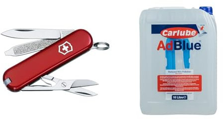 Victorinox Classic SD Swiss Army Knife, Small, Multi Tool, 7 Functions, Scissors, Nail File, Red & Carlube AdBlue with Integrated Easy Pour Spout - 10L