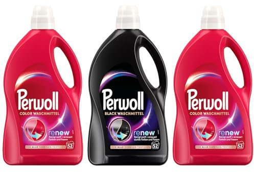 PERWOLL Flüssig-Set 3x 52 Waschladungen (156WL) 1x Black & 2x Color, Feinwaschmittel-Set reinigt sanft und erneuert Farben und Fasern, Waschmittel mit Dreifach-Renew-Technologie