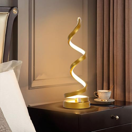 Mengjay LED Spiral Tischlampe,Nachttischlampe mit 3 Farbtemperatur,Gebogene LED-Tischlampe Augenschutz Schreibtischlampe,Modern Nachttischlampe Nachtlicht für Kinder Schlafzimmer Wohnzimmer (Gold)