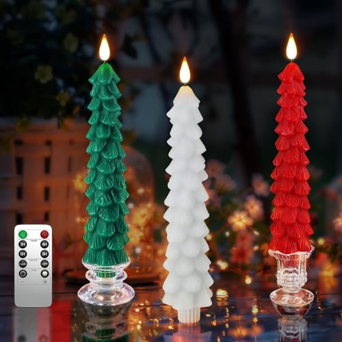 PChero Christmas Tree Candles with Remote Control, 3 Pack Real Wax LED Battery Operated Flameless Fake Tapered Candles Flickering for Xmas Party Fireplace Home Room Table Decorations
