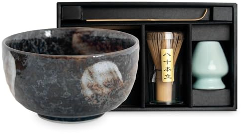 Matcha Schale Set aus Japan in Geschenkbox Matchaschale inklusive Bambus Besen, Bambus Löffel und Besen Ablage (TENMOKU)