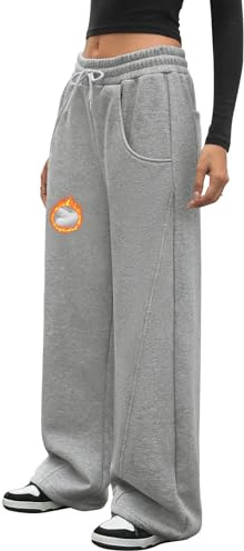 Voqeen Womens Fleece Lined Joggers Pants Winter Thermal Sweatpants Wide Leg Tracksuit Bottoms with Pockets Warm Baggy Trousers Solid Jogging Bottoms for Ladies Casual Lounge Wear Grey