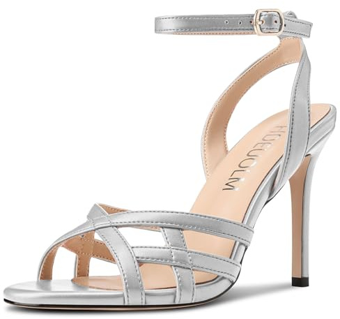 HDEUOLM Femmes Aiguille Haut High Talon Heel Rond Bout Sandales Slingback Lanières Cheville Boucle Mariage Dress 10 CM Heels Argent 36 EU