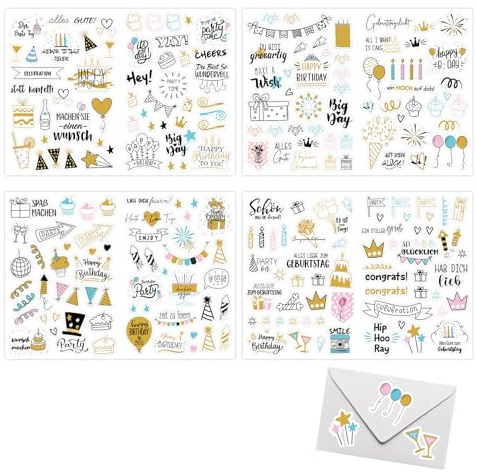 4-Stück Sticker Geburtstag Gästebuch, 225 Motive Geburtstags Party Sticker, Aufkleber Fotobuch DIY Geburtstag Set, Aufkleber für Fotoalbum, Gästebuch, Geburtstagskarten, Geschenke | Happy Birthday