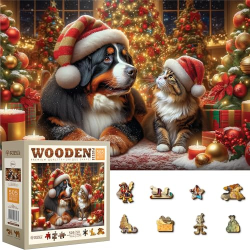 WOODEN.CITY 500 Teile Weihnachtspuzzle aus Holz mit 50 einzigartigen festlichen Figuren - Weihnachtshund und Katze - 39,4 x 26,6 cm, hergestellt in der EU