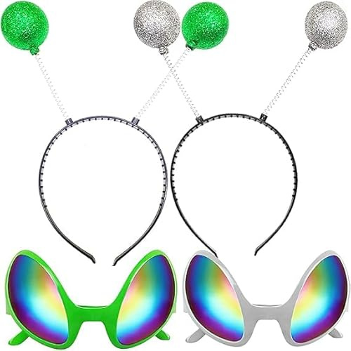 XINDY 4 Stück Alien Haarreif Grün Silber Fühler Haarreif Brille Karneval Accessoire Fasching Kopfschmuck Damen Herren Alien Kostüm Damen Space Girl Kostüm Weltall Kostüm