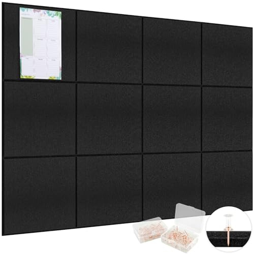 Swullione Große Filz Pinnwand Selbstklebend 30x30cm,12 Stück Filzboard Memotafeln Memo Boards mit 70 Pinnnadeln Bulletin Board Wanddekoration für Büro Küche, Fotos Memos, Schwarz