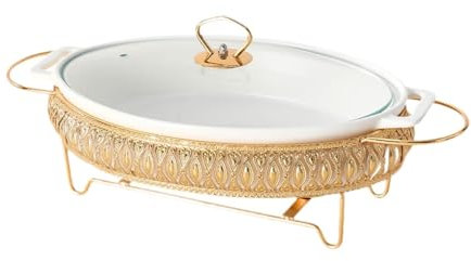 MagiDeal Plat à réchaud Cocotte en céramique ovale avec couvercle en verre et grille Plat de service avec poignées Plat à lasagnes Plat de cuisson Soupière, 13 Inch