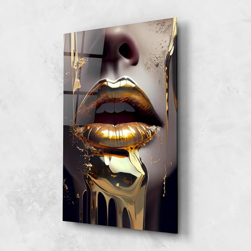 ARTHUB® Glasbild 80x120 cm, 4mm ESG | Moderne Wandbilder aus Glas für Wohnzimmer & Schlafzimmer, Wanddekoration, Wohnkultur, Frauen, Glamorous Gold Lips