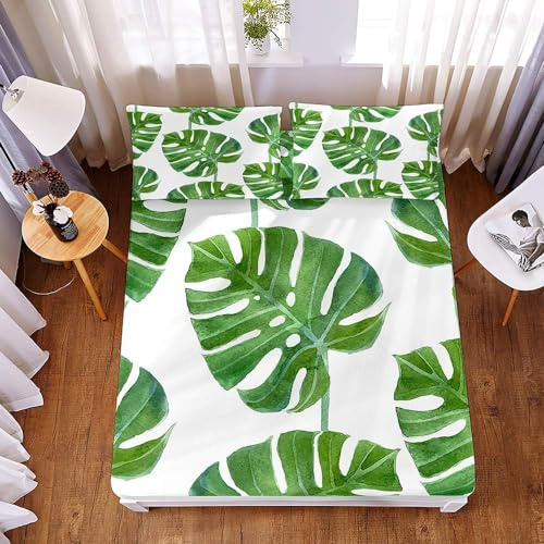 Lenzuolo con Angoli Una Piazza e Mezza Monstera deliziosa, 3D Lenzuola Letto Foglie Verdi Coprimaterasso 120x200 Microfibra Morbido Profondità 30cm e 2 Federe 50x80, G983