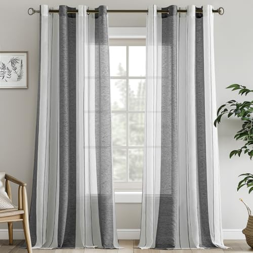 EMEMA Tende a righe trasparenti con occhielli Tende in voile Soggiorno moderno Set di 2 tende Camera da letto Trasparente con motivo Tenda a righe semitrasparente 140 x 270cm Bianche e Grigie