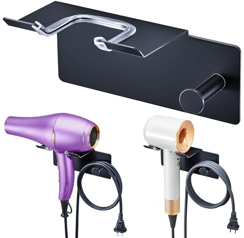 XILIMOR Porte Seche Cheveux Mural, Support Seche Cheveux Adhésif, Accroche Seche Cheveux Métal, Support Seche Cheveux sans Percage pour Hôtel, Salle De Bains Salon Argent