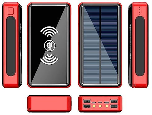 Power Bank Caricabatterie Solare 100000Mah, 5 Uscite Wireless Solare, Batteria Esterna con Torcia LED, Caricabatterie Solare per Telefono Compatibile con Smartphone Tablet e Altro