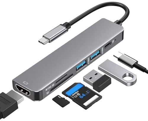 USB-C Hub 6-in-1, Multiport Adapter mit HDMI 4K, SD/TF Kartenleser, 2X USB 3.0, 100W PD Ladeanschluss, Grau