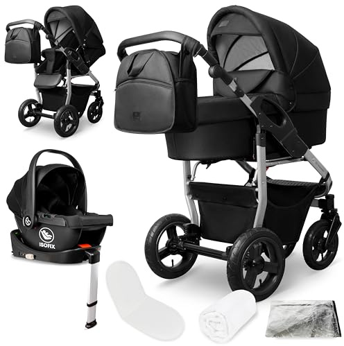 Bergsteiger Capri Kombikinderwagen 4-in-1 Babywanne Sportsitz Isofix | Komplettes Reisesystem mit i-size Babyschale Luftreifen Rahmenfederung verstellbarem Griff Zubehör und Wickeltasche