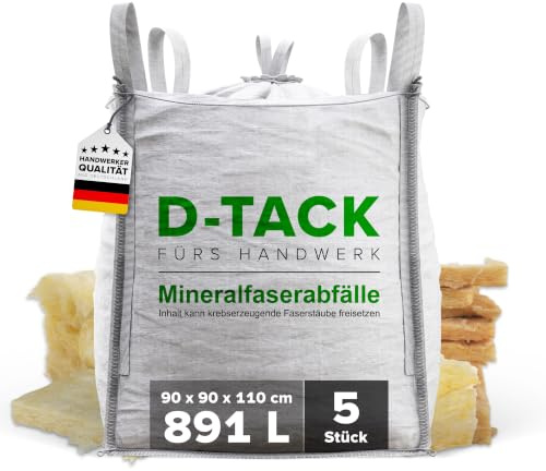 D-TACK 5x KMF Big Bag | 90 x 90 x 110 cm | Mineralwollsack aus PP-Gewebe | UV-stabilisiert | Säcke für Mineralfaserabfälle, Glaswolle und Isolierwolle | 1 m³ | 891l