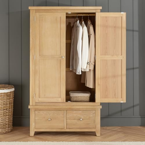 The Furniture Market Cheshire Whitewash Oak Double Wardrobe with Drawers | Solid Oak Wardrobe with Hanging Rail and Storage | Shaker Style | Minor Assembly Required | H 1900 x W 1070 x D 590mm