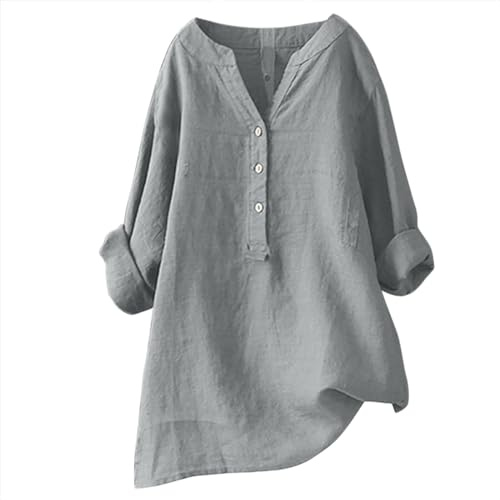 Generisch Long Sleeve Women's Tops Shirt Blouse Loose Button Down Blouse Tops Stand-Up Collar Long Sleeve Casual Women Shirt Women's Blouse, gray, 3XL