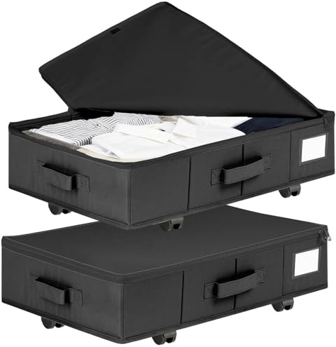 Tel Charme * 2 Pack Under Bed Storage on Wheels, 57L Rolling Underbed Storage Containers with Lids, Under Bed Organizer for Clothes, Shoes, Blankets, Toys (Black)