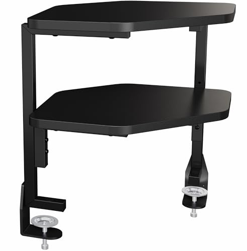 VIVO Corner Clamp-on 17 inch Above or Below Desk 2-Tier Shelving Unit for Table Accessories, Gaming Devices, and More, Storage Desk Attachment Organizer, Black, STAND-SHELF2CR