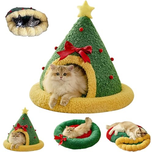 Weihnachten Katzenhöhle,Weihnachtsbaum Katzenhaus Plüsch Katzenhöhle Weihnachten Katzenbett Halbgeschlossene Höhle Winter Schlafnest für Katzen und Hunde (Christmas Tree,L)