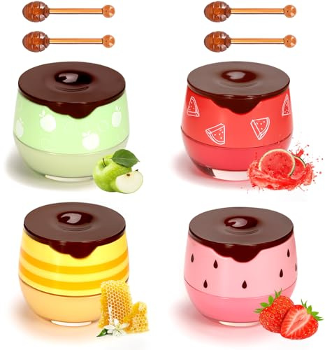Bee Lip Balm Honey Pot,4pcs Bee Lip Mask Moisturizing Overnight,Hydrating Reduce Lip Lines, Stocking Stuffers for Women,Propolis Prevention Dry Cracked Lip Scrubs Plumping Exfoliator