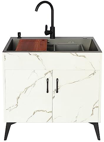 Armadietto da cucina commerciale autoportante con dispenser di sapone con rubinetto estraibile e spaziosi lavandini per lavanderia, ristorante o giardino (colore: Ro)