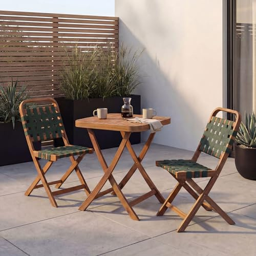 Mendler Garten-Set HWC-P70 Seilgeflecht Akazie Holz klappbar - Natur, grün | Sitzgruppe, Balkon-Set, Garnitur, 2x Stuhl, Tisch