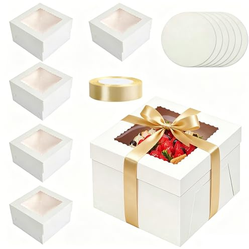 DYHNQE 6PCS Cake Boxes 30.4x30.4x20.3 cm, 12x12x8 inch Cake Box with Ribbons Square Cake Board and Box for Wedding Birthday Celebration Cakes